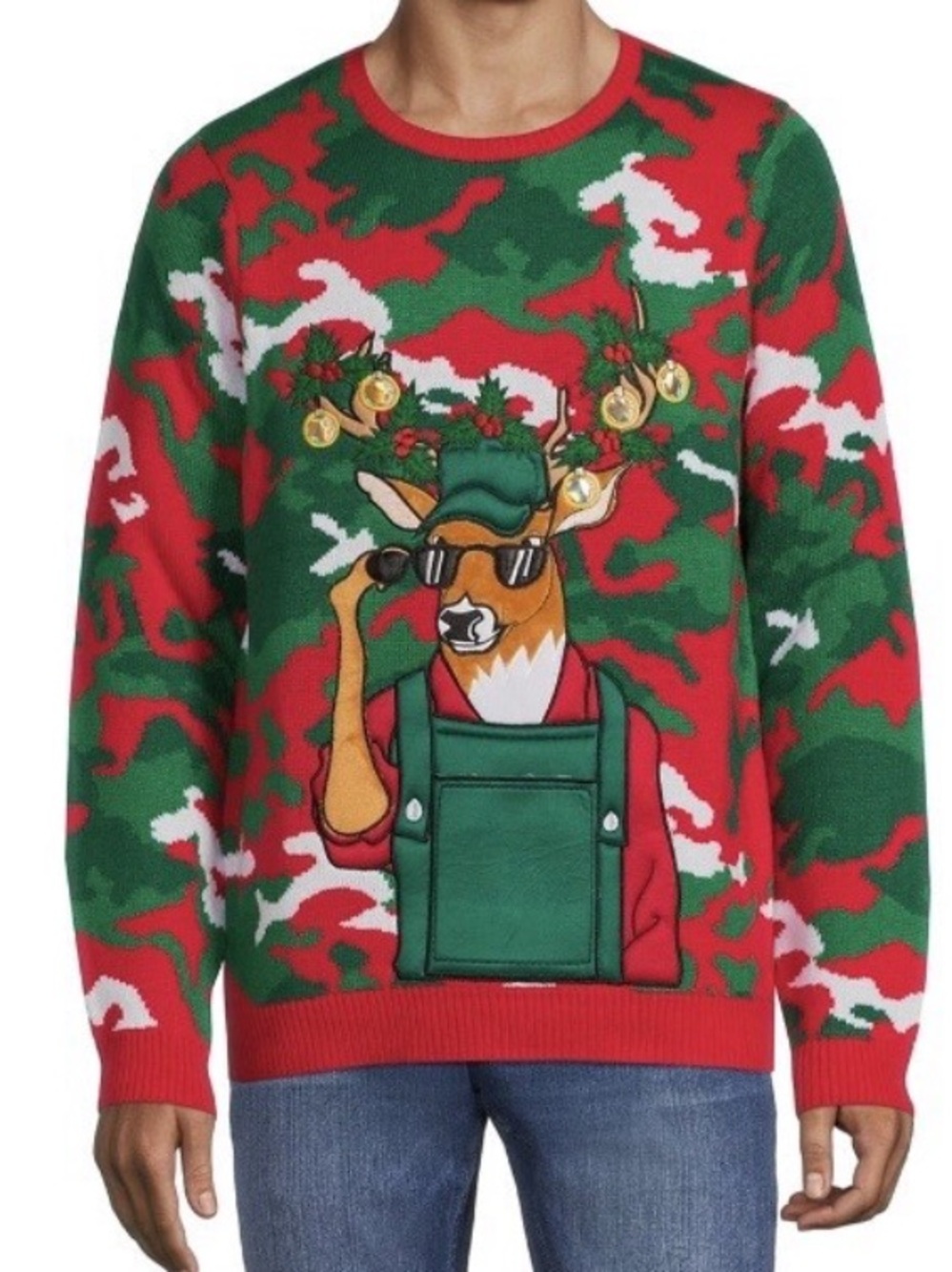 Holiday Time Ugly Christmas Sweater Deer Hunter Camouflage Built In Drink Holde